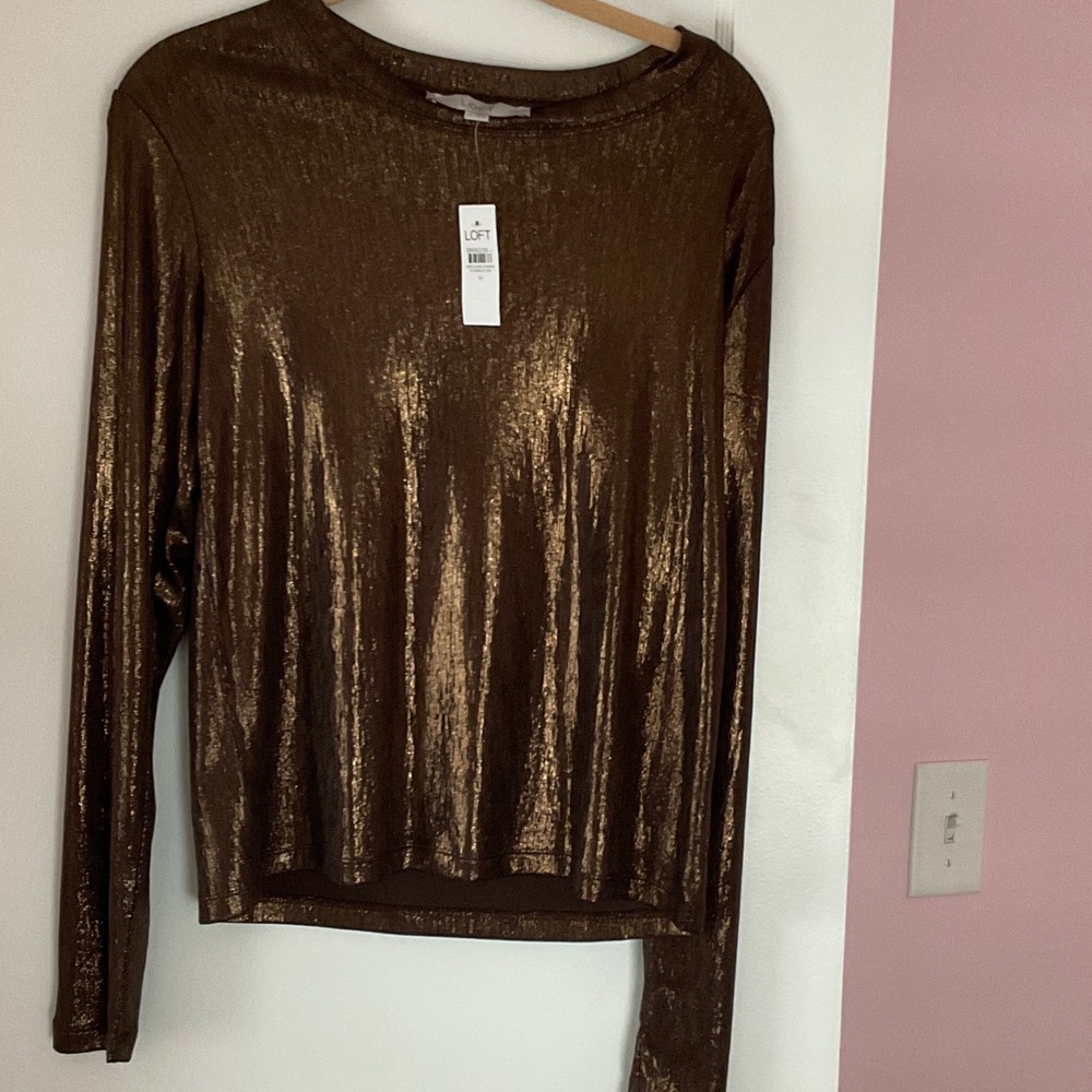 LOFT Metallic Brown Long Sleeve Top